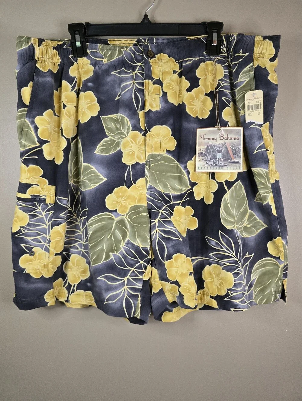 Tommy Bahama Swim Trunks Grey Yellow Floral Hibiscus Relax Beach Shorts Size XXL